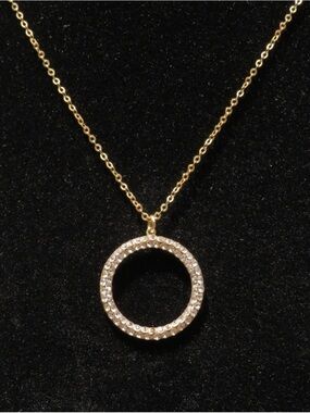 14k Gold Crystal CZ Circle Pendant Adjustable Gold Necklace 14.78’-18’